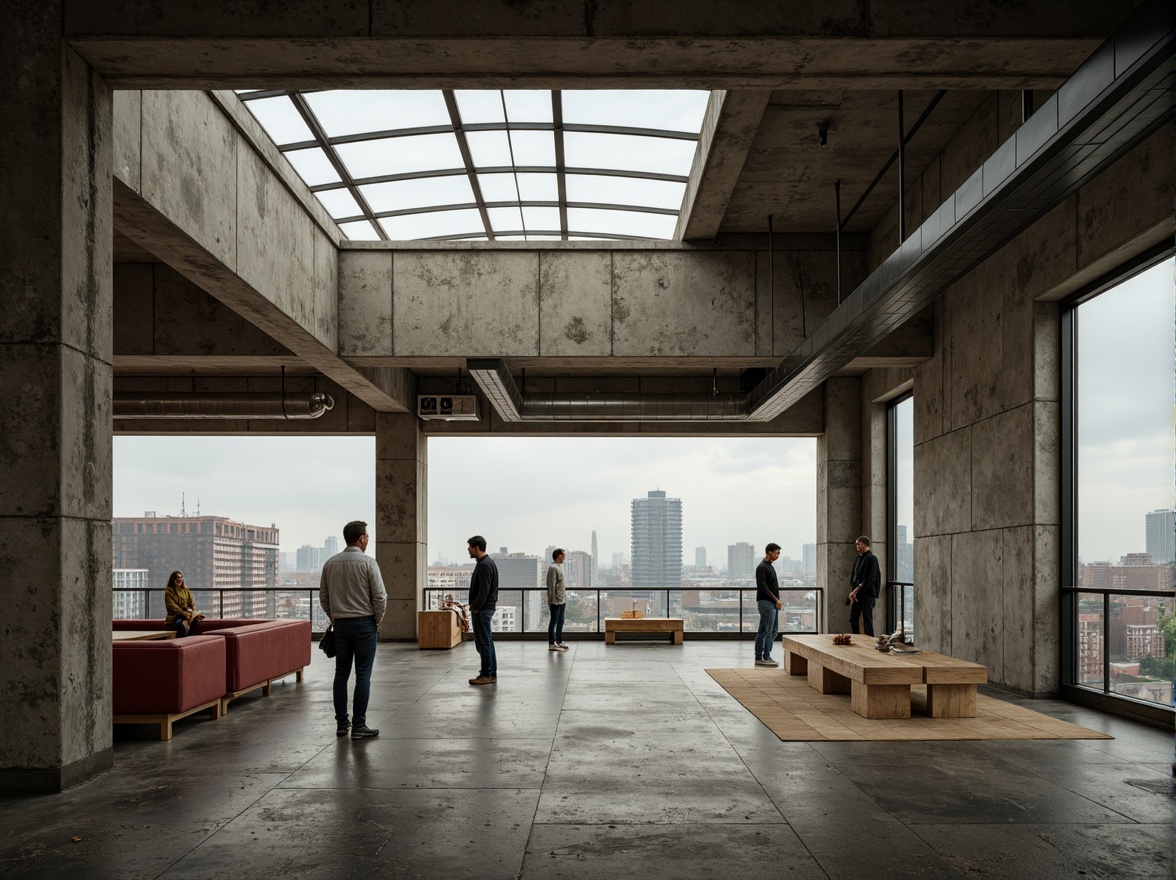 Prompt: Rugged community center, brutalist architecture, raw concrete walls, exposed ductwork, industrial metal beams, natural light pouring in, large skylights, clerestory windows, urban landscape views, gritty cityscape, overcast sky, soft diffused lighting, high contrast shadows, dramatic architectural angles, bold structural elements, minimalist interior design, functional simplicity, communal gathering spaces, reclaimed wood accents, earthy color palette, organic textures, 3/4 composition, cinematic framing, realistic render.