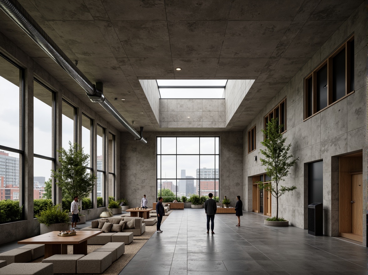 Prompt: Rugged community center, brutalist architecture, raw concrete walls, exposed ductwork, industrial metal beams, natural light pouring in, large skylights, clerestory windows, urban landscape views, gritty cityscape, overcast sky, soft diffused lighting, high contrast shadows, dramatic architectural angles, bold structural elements, minimalist interior design, functional simplicity, communal gathering spaces, reclaimed wood accents, earthy color palette, organic textures, 3/4 composition, cinematic framing, realistic render.