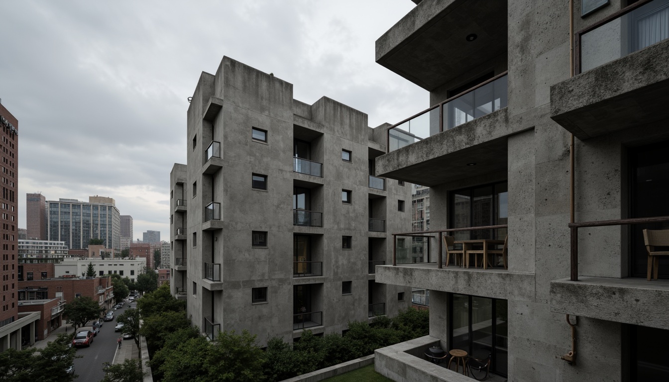 Prompt: Exposed concrete walls, rugged textures, industrial pipes, raw steel beams, minimalist balconies, brutalist architecture, urban cityscape, gloomy overcast sky, dramatic shadows, high-contrast lighting, bold geometric forms, functional simplicity, distressed finishes, poured-in-place concrete, cold monochromatic color palette, 1/1 composition, low-angle shot, cinematic atmosphere, gritty realistic textures.