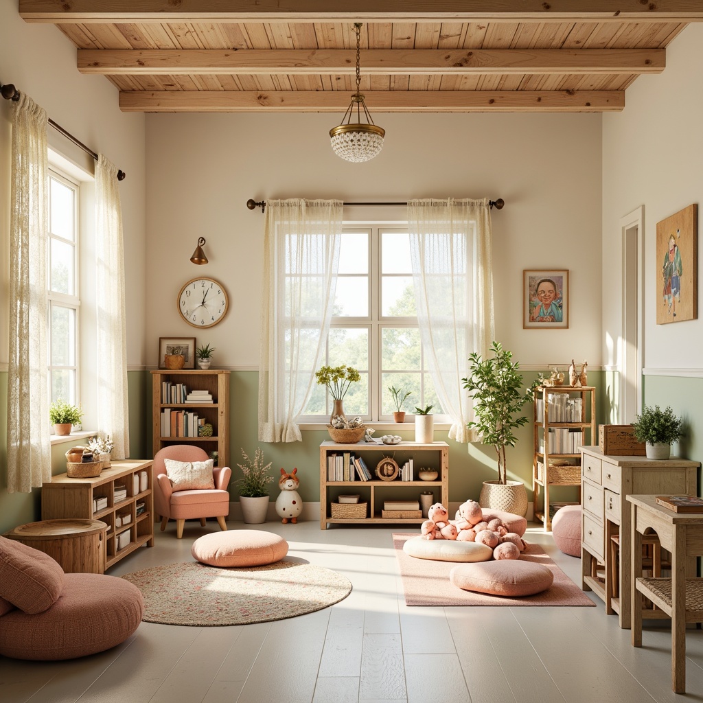 Prompt: Whimsical kindergarten, soft pastel hues, gentle cream walls, warm beige floors, delicate lace curtains, vintage wooden furniture, distressed finishes, floral patterns, tender peach accents, soothing sage greenery, creamy white trim, rustic wooden beams, natural light pouring in, airy atmosphere, playful polka dots, sweet feminine touches, elegant chandeliers, cozy reading nooks, plush area rugs, gentle warm lighting, shallow depth of field, 1/1 composition, intimate close-ups, realistic textures, ambient occlusion.