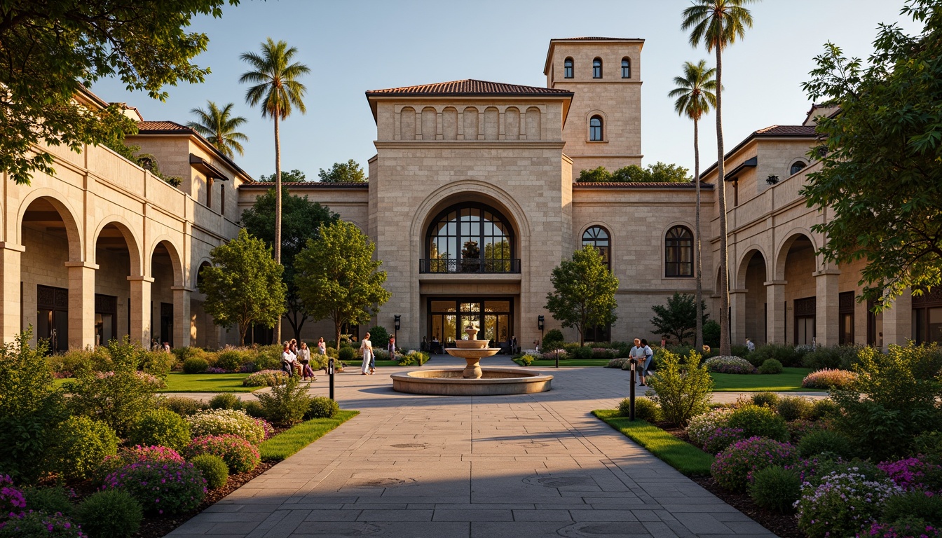 Prompt: Grand Romanesque train station, ornate stone fa\u00e7ade, arched windows, rusticated columns, lush greenery, vibrant flowers, manicured lawns, meandering walkways, decorative fountains, intricate ironwork, vintage lamp posts, warm golden lighting, shallow depth of field, 1/2 composition, symmetrical framing, realistic textures, ambient occlusion, bustling cityscape, urban atmosphere.