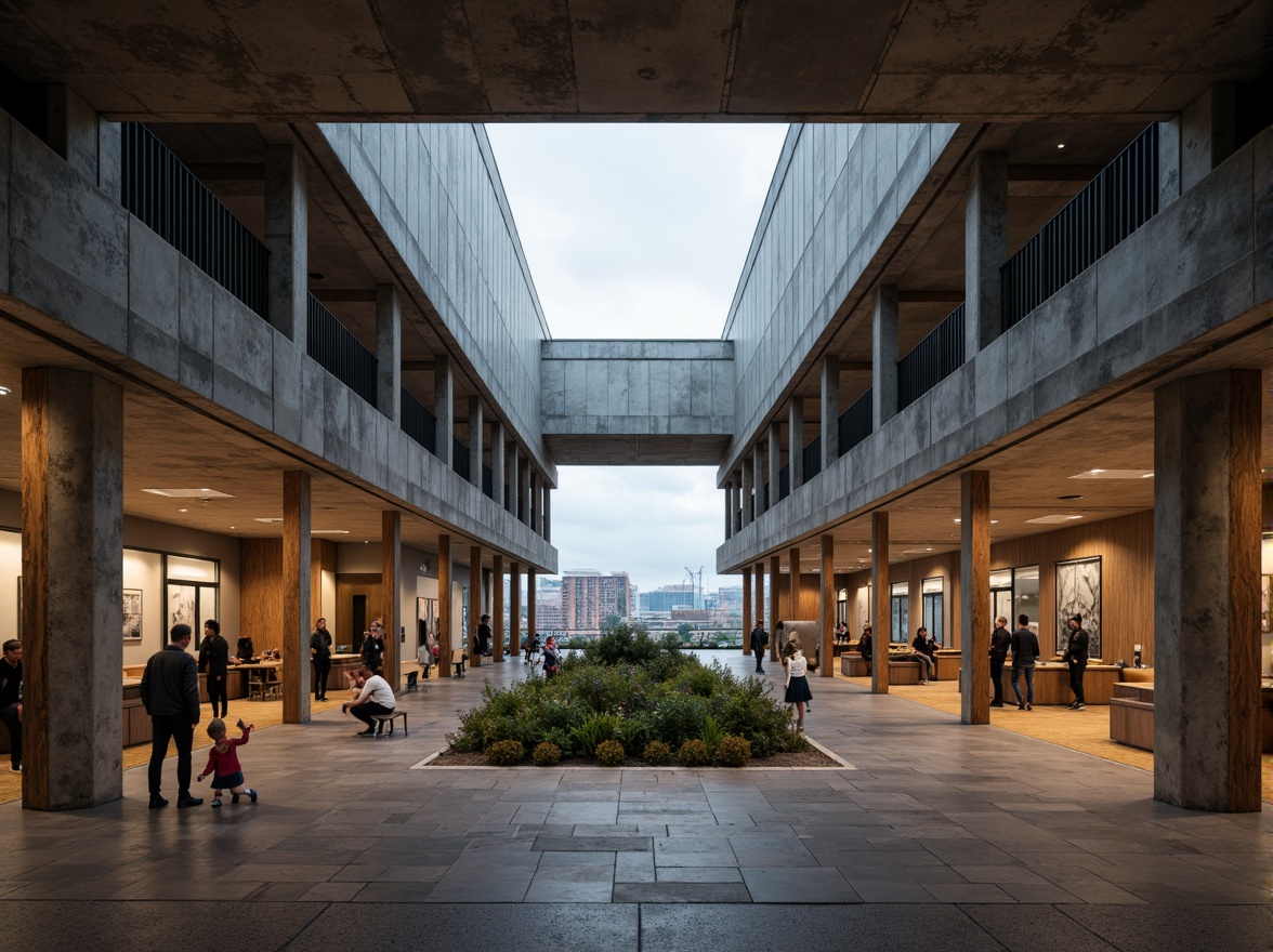 Prompt: Rugged community center, brutalist architecture, raw concrete walls, exposed ductwork, industrial-style lighting, open floor plan, minimalist decor, functional spaces, communal areas, natural stone flooring, reclaimed wood accents, urban landscape views, overcast sky, dramatic shadows, high-contrast lighting, 1/2 composition, symmetrical framing, gritty textures, ambient occlusion.