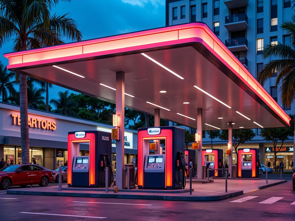 Prompt: Vibrant gas station, bold color scheme, bright LED lights, neon signs, modern fuel pumps, sleek metal canopies, glossy paint finishes, reflective glass surfaces, angular lines, dynamic shapes, urban cityscape, busy streets, rush hour atmosphere, warm sunny day, shallow depth of field, 1/1 composition, realistic textures, ambient occlusion.