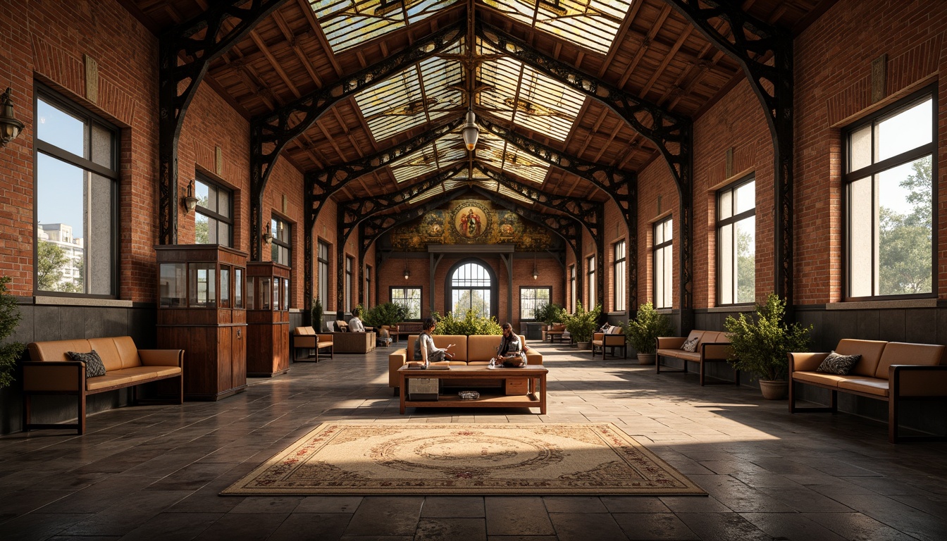 Prompt: Vintage train station, eclectic mix of materials, exposed brick walls, rusty metal beams, reclaimed wood accents, ornate ironwork, stained glass ceilings, intricate tile mosaics, distressed leather benches, antique luggage racks, industrial-style lighting fixtures, warm golden lighting, shallow depth of field, 1/1 composition, realistic textures, ambient occlusion.