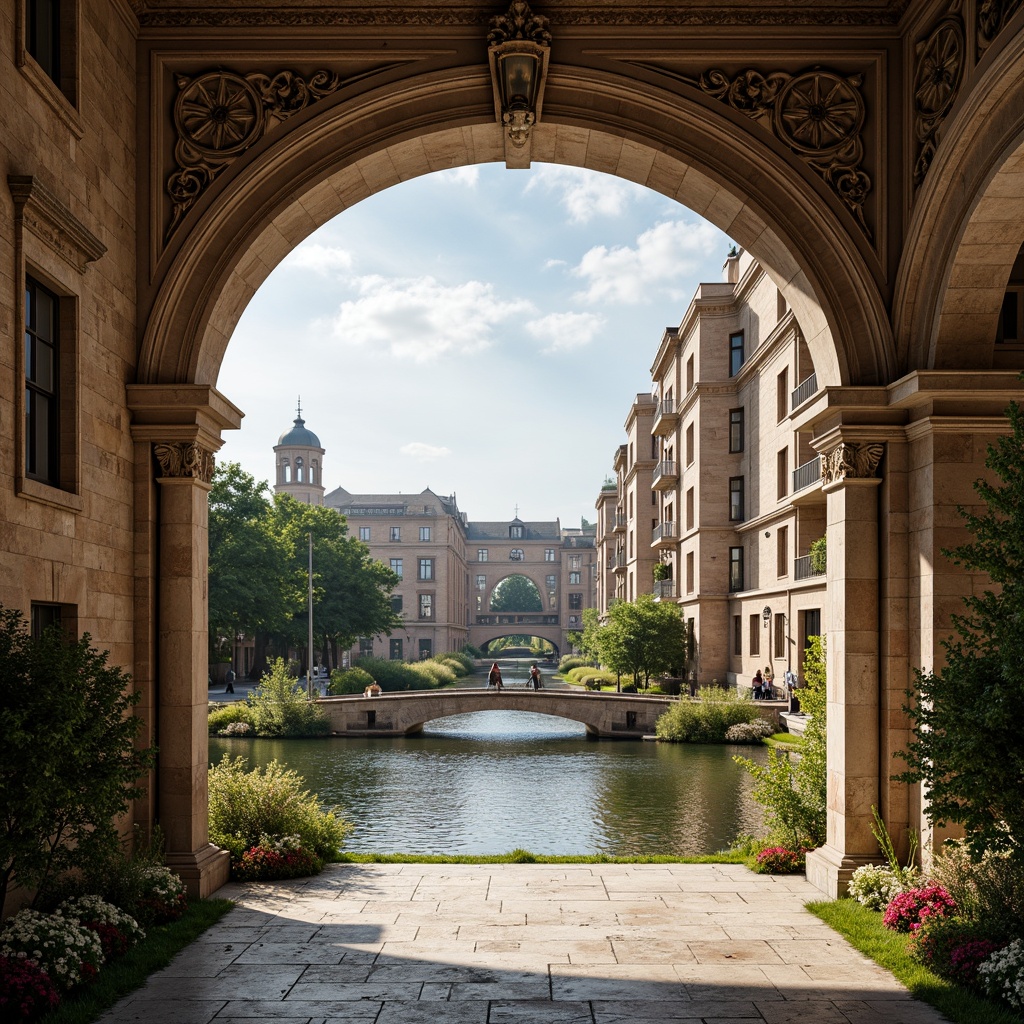 Prompt: Elegant archways, ornate stone carvings, rustic brick facades, grandiose bridge structures, serene water reflections, lush greenery, vibrant flowers, majestic river views, sunny day, soft warm lighting, shallow depth of field, 3/4 composition, panoramic view, realistic textures, ambient occlusion, Renaissance-inspired ornateness, classical columns, symmetrical architecture, harmonious proportions, intricate stonework, weathered copper details, ornamental lanterns.