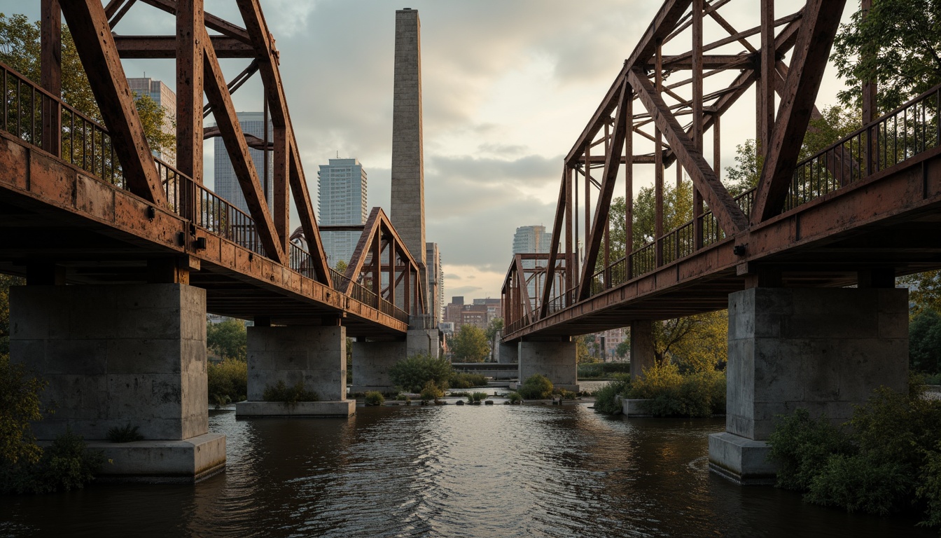 Prompt: Rustic steel bridges, industrial-era aesthetic, weathered metal textures, warm earthy tones, muted blue-grey hues, rich brown wood accents, natural stone foundations, misty atmospheric effects, soft golden lighting, shallow depth of field, 2/3 composition, cinematic view, realistic reflections, ambient occlusion.