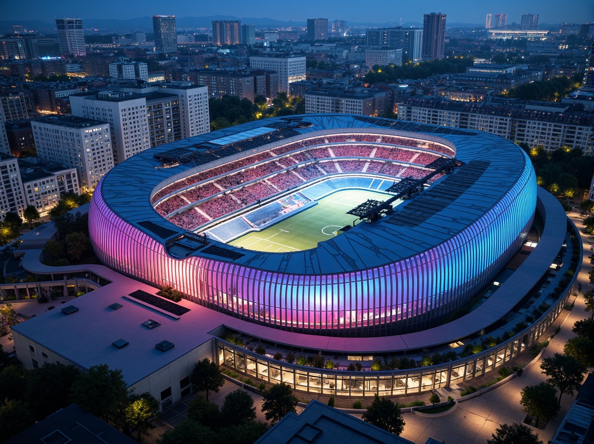 Prompt: Dynamic soccer stadium facade, undulating curves, parametric design, LED light installations, translucent panels, gradient color schemes, sleek metallic materials, angular lines, futuristic architecture, cantilevered roofs, open-air concourses, urban cityscape views, vibrant evening atmosphere, dramatic spotlights, shallow depth of field, 1/1 composition, realistic textures, ambient occlusion.