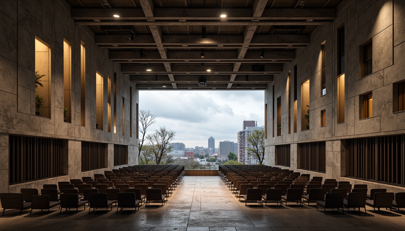 Prompt: Rugged brutalist concert hall, exposed concrete walls, industrial metal beams, minimalist seating, avant-garde stage design, dramatic spotlights, resonant sound reflections, acoustic panels, diffused sound waves, intimate performance spaces, natural stone flooring, raw unfinished textures, bold geometric shapes, urban cityscape views, cloudy grey skies, soft warm lighting, shallow depth of field, 1/1 composition, realistic material renderings, ambient occlusion.