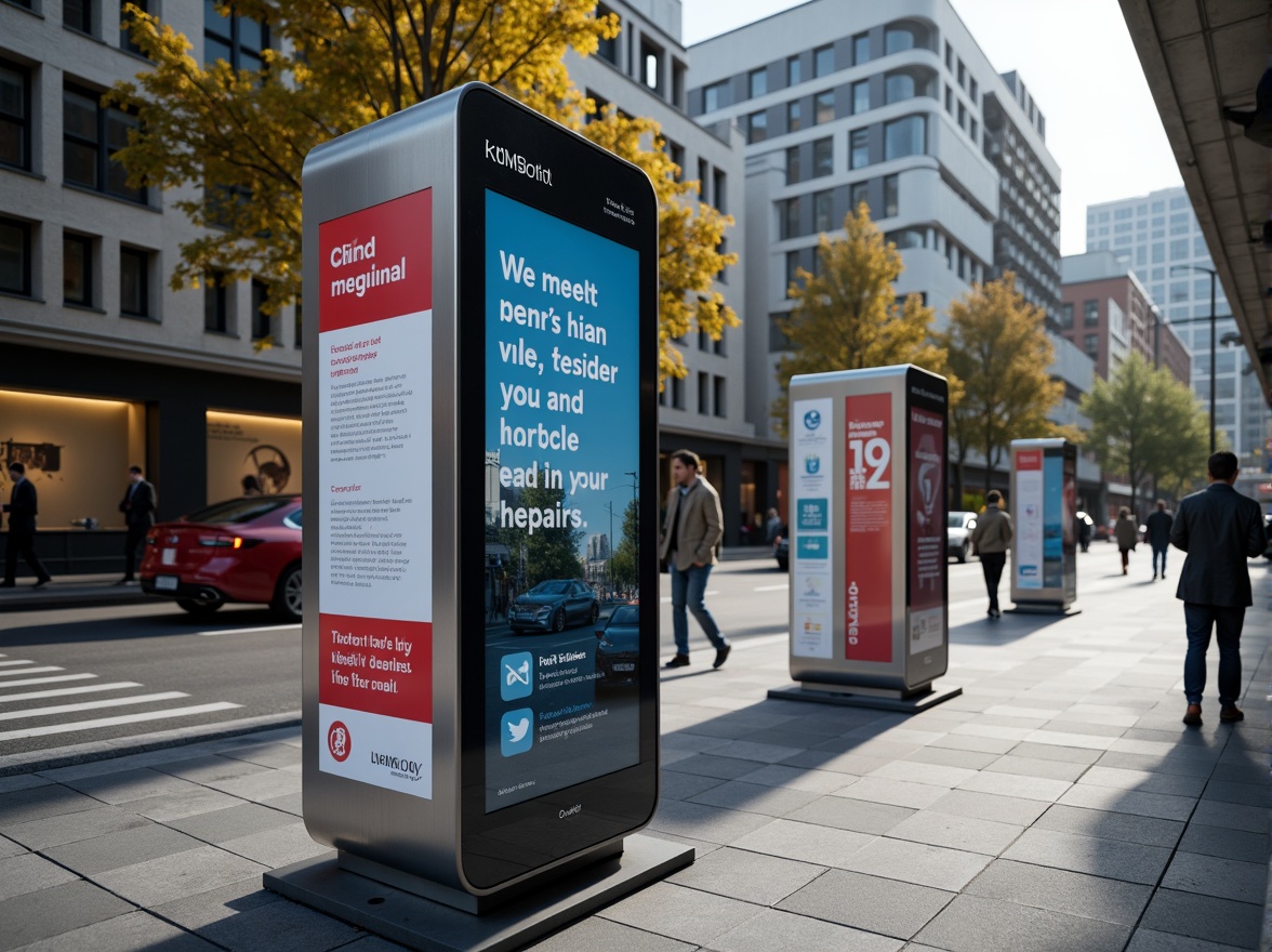 Prompt: Modern wayfinding signage, sleek metal frames, digital displays, interactive kiosks, clear typography, vibrant color schemes, intuitive navigation, pedestrian-friendly infrastructure, urban cityscape, bustling streets, morning commute, soft natural lighting, shallow depth of field, 1/1 composition, realistic textures, ambient occlusion.