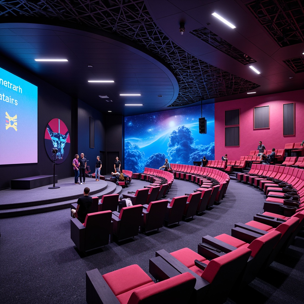 Prompt: Modern auditorium, sleek curved lines, vibrant color schemes, modular seating systems, ergonomic chairs, adjustable armrests, retractable desks, interactive displays, immersive audio equipment, futuristic lighting designs, LED ambient lights, dynamic shadows, 3/4 composition, shallow depth of field, realistic textures, ambient occlusion.