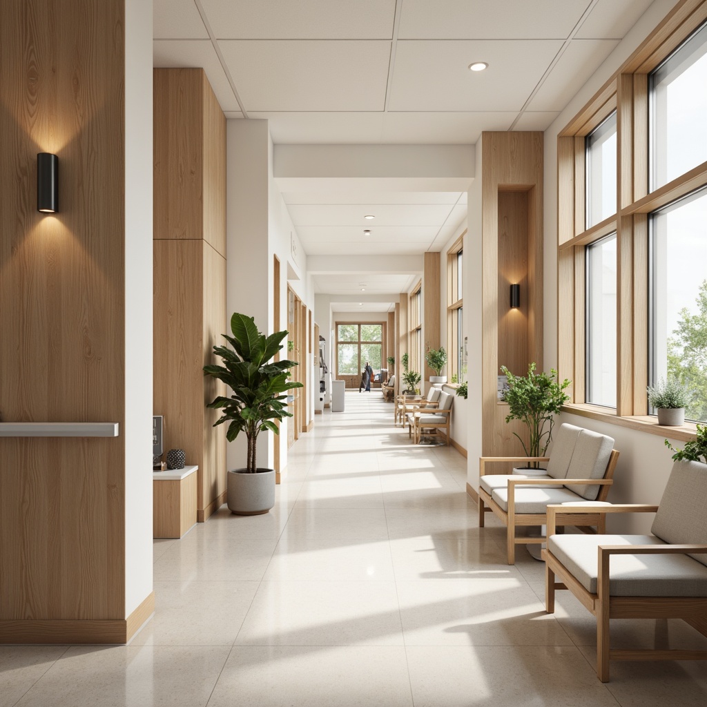 Prompt: Clean hospital corridors, minimalist decor, neutral color palette, natural light, sleek metal handrails, wooden accents, simple furniture, comfortable patient rooms, soft cushioned chairs, calm atmosphere, subtle textures, ambient lighting, shallow depth of field, 1/1 composition, realistic render, modern medical equipment, stainless steel surfaces, sterile environments, peaceful waiting areas, green plants, warm beige tones, gentle color transitions.