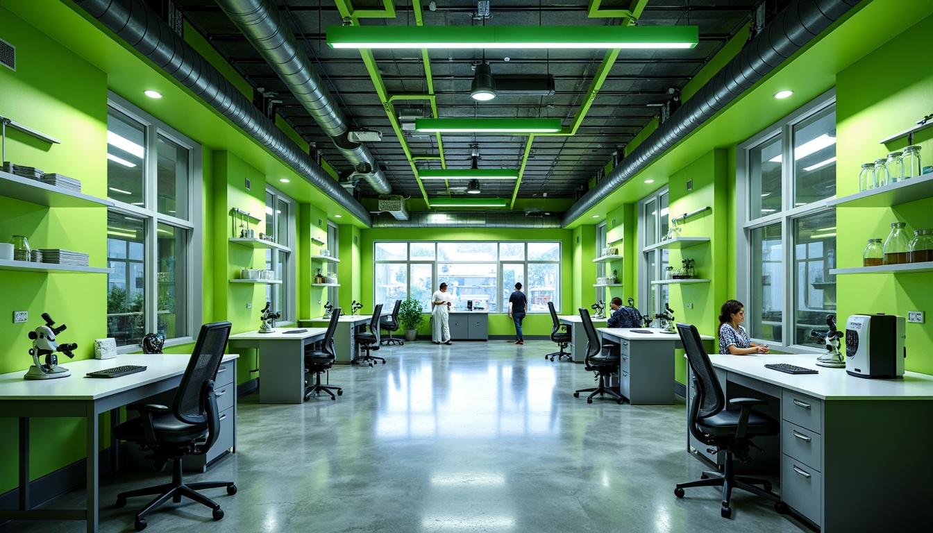 Prompt: Vibrant laboratory interior, bold color scheme, neon green accents, sleek metal equipment, futuristic workstations, ergonomic chairs, minimalist shelving units, industrial-style lighting fixtures, polished concrete floors, modular wall systems, adaptable experimental spaces, dynamic ceiling installations, LED strip lights, high-contrast visual displays, sterile white surfaces, safety glass partitions, precision instruments, advanced microscopy tools, collaborative research environments, natural light infusion, softbox diffused lighting, 1/1 composition, shallow depth of field.