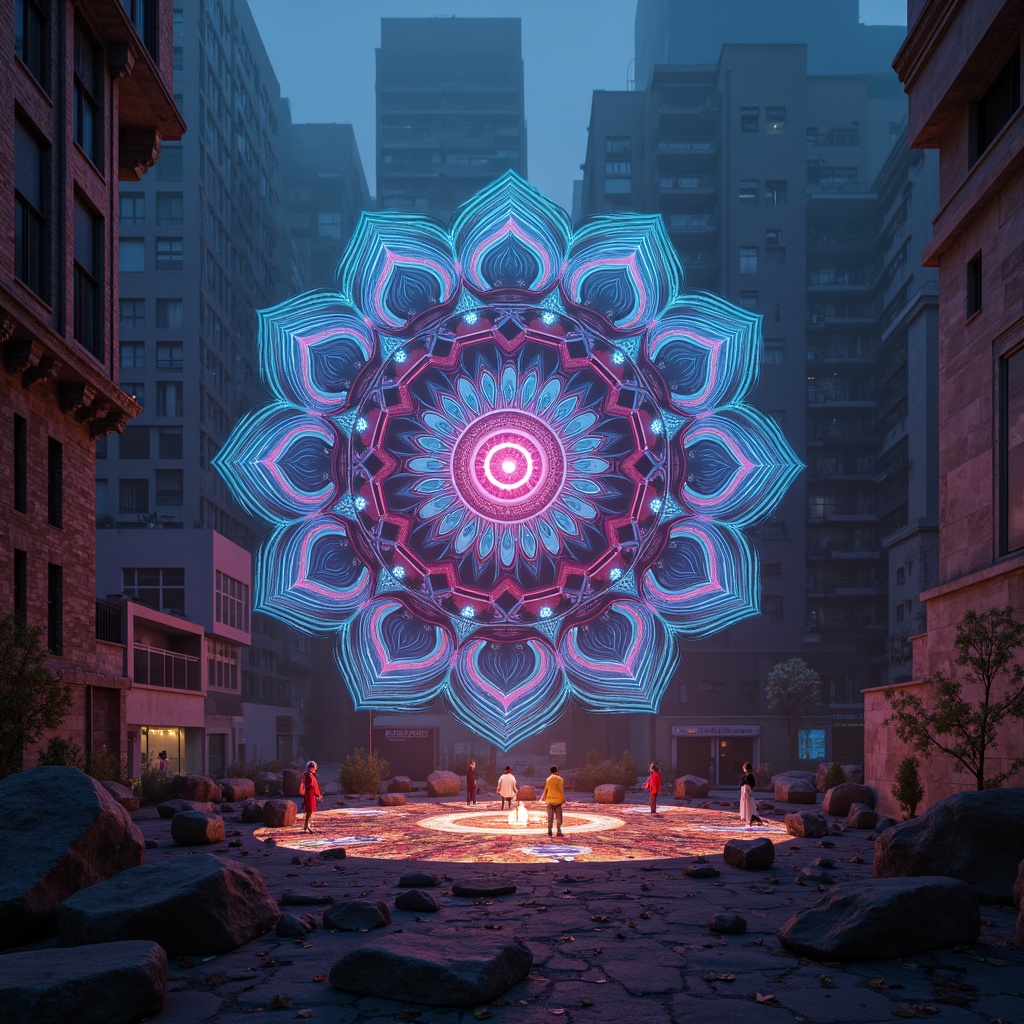 Prompt: Sacred geometry, intricate patterns, symbolic shapes, spiritual architecture, mystical mandalas, vibrant colors, glowing auras, ethereal light, atmospheric mist, ancient wisdom, esoteric knowledge, futuristic structures, neon-lit cityscapes, cyberpunk aesthetics, holographic projections, 3D modeling, abstract compositions, low-poly designs, minimalist forms, sacred symbols, ritualistic patterns, mystical energies, otherworldly landscapes, dreamlike scenarios, surreal atmospheres, cinematic lighting, high-contrast colors.