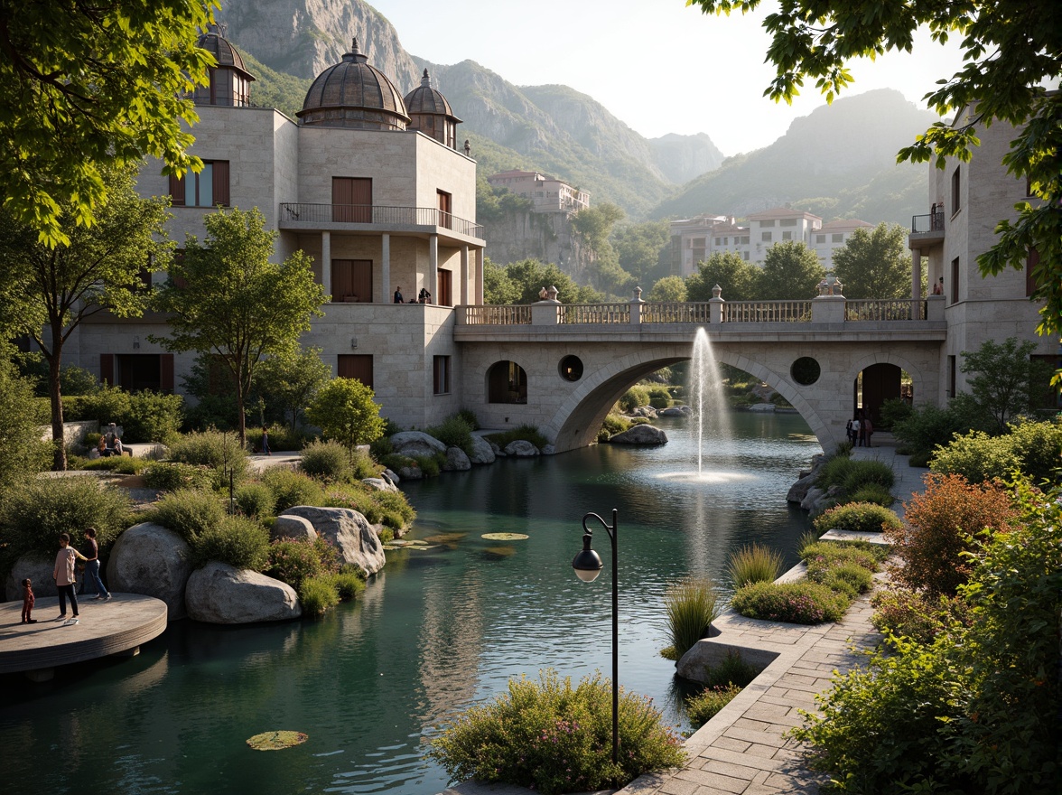 Prompt: Rustic stone bridges, ornate balustrades, grand arches, lush greenery, vibrant flowers, meandering water features, serene lakes, majestic fountains, natural rock formations, weathered wooden docks, elegant lampposts, intricate ironwork, soft warm lighting, shallow depth of field, 3/4 composition, panoramic view, realistic textures, ambient occlusion.