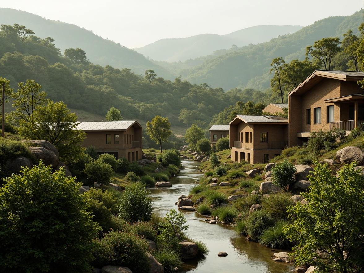 Prompt: Rustic village, rolling hills, lush greenery, meandering streams, traditional vernacular architecture, earthy tones, natural stone walls, wooden accents, curved lines, organic forms, blending with surroundings, seamless integration, harmonious coexistence, soft warm lighting, misty atmosphere, shallow depth of field, 1/1 composition, realistic textures, ambient occlusion.