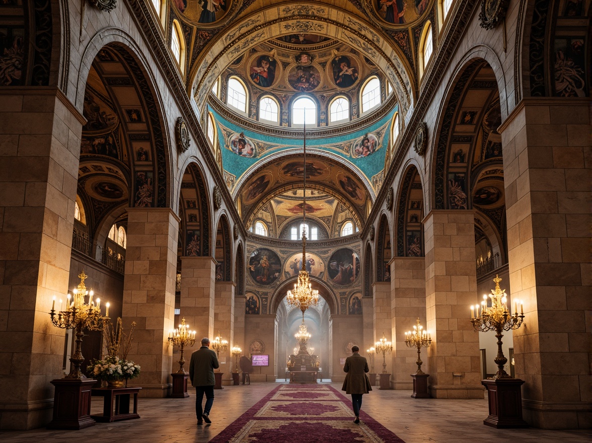 Prompt: Majestic Byzantine church, golden domes, intricate mosaics, rich jewel tones, warm beige stone walls, ornate frescoes, vibrant turquoise accents, regal purple hues, soft candlelight, atmospheric fog, mystical ambiance, high contrast lighting, dramatic shadows, symmetrical composition, ornate details, luxurious fabrics, antique textures, ancient artifacts.