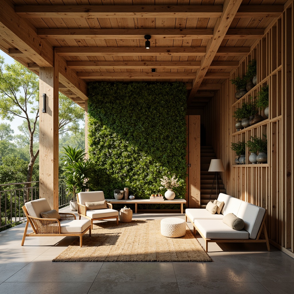 Prompt: Earthy tones, reclaimed wood accents, living green walls, organic shapes, natural stone flooring, bamboo textures, woven rattan furniture, eco-friendly materials, sustainable architecture, minimalist design, abundant natural light, soft warm ambiance, shallow depth of field, 1/1 composition, realistic rendering, ambient occlusion.