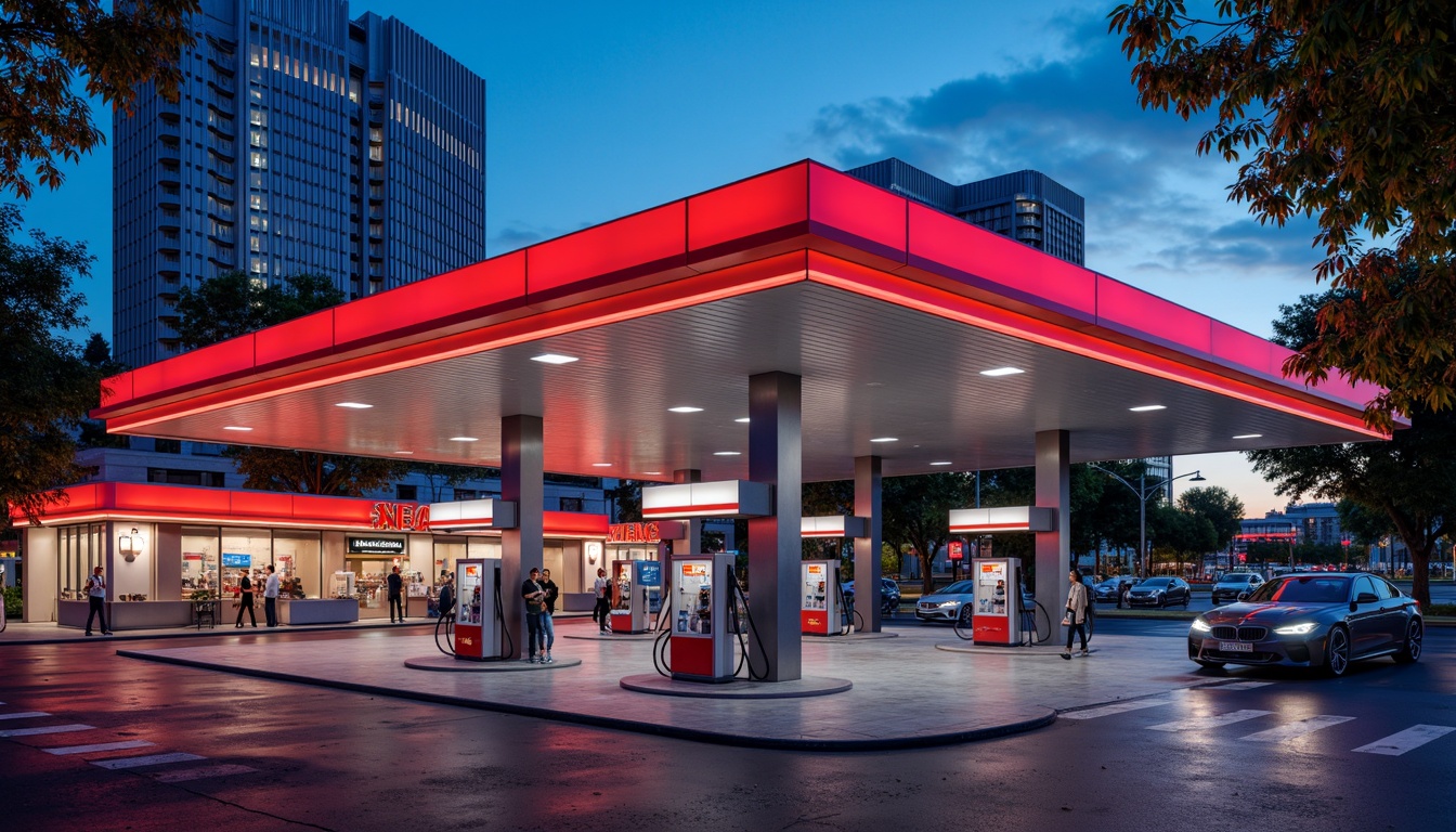 Prompt: Vibrant gas station, bold color scheme, bright LED lights, neon signs, modern fuel pumps, sleek metal canopies, glossy paint finishes, reflective glass surfaces, angular lines, dynamic shapes, urban cityscape, busy streets, rush hour atmosphere, warm sunny day, shallow depth of field, 1/1 composition, realistic textures, ambient occlusion.