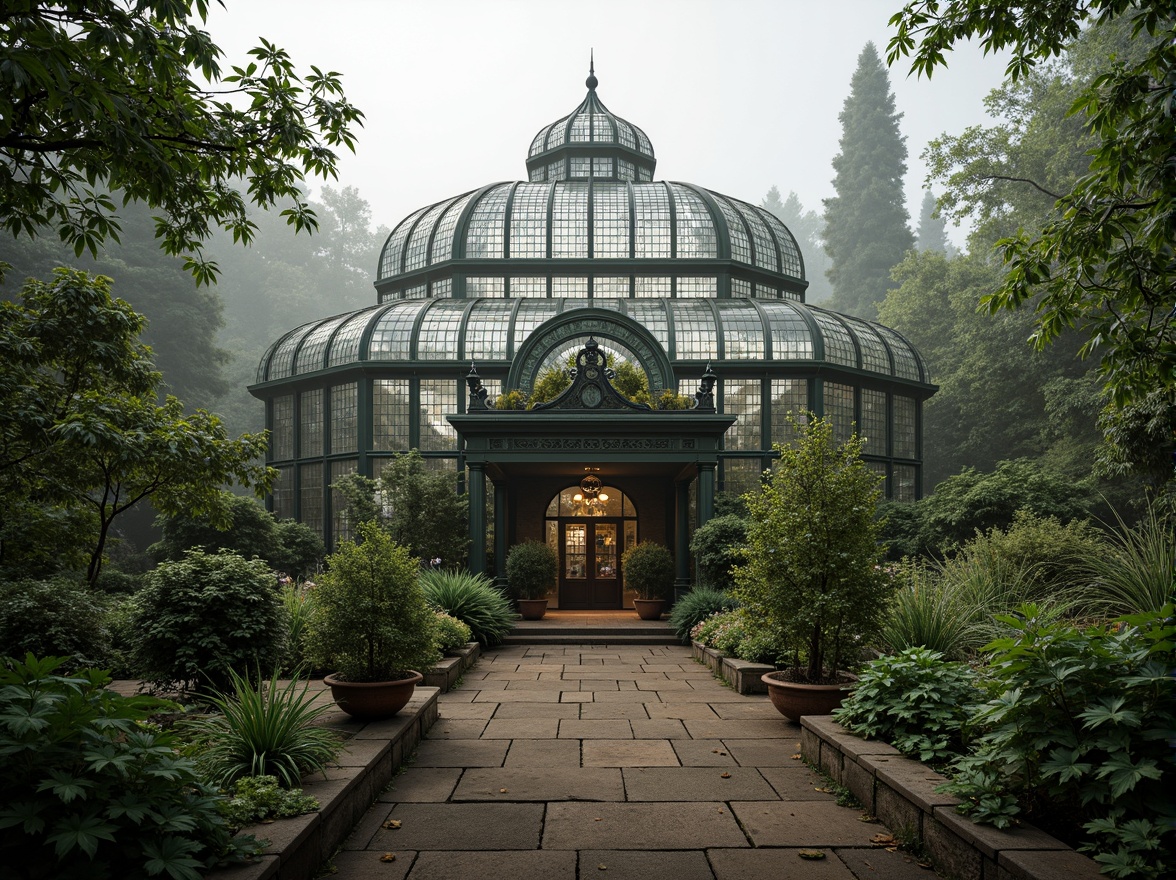 Prompt: Elegant greenhouse, ornate metal frames, lush greenery, exotic plants, Victorian-era inspired architecture, intricate glass details, curved lines, symmetrical facades, grand entranceways, decorative finials, ornamental ridges, natural stone foundations, rustic wooden accents, soft warm lighting, misty atmosphere, shallow depth of field, 1/1 composition, realistic textures, ambient occlusion.