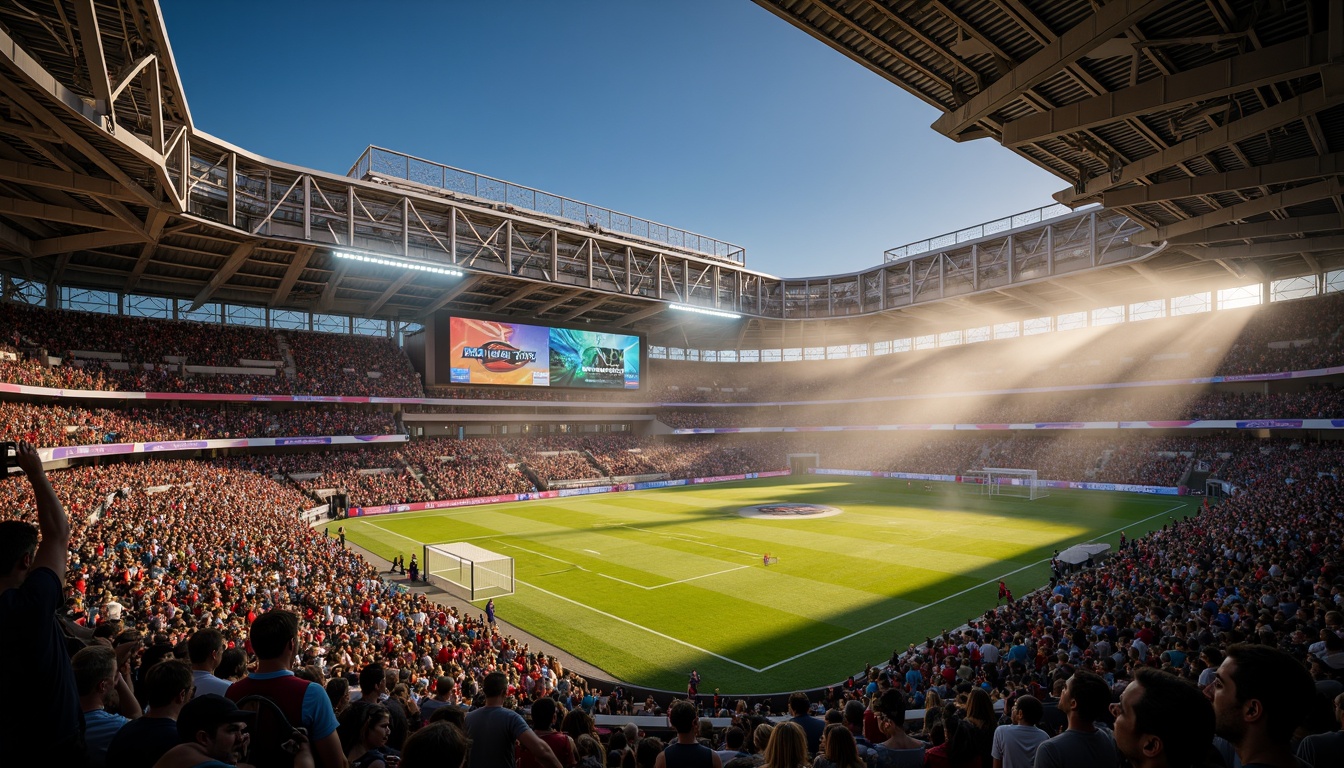 Prompt: Futuristic soccer stadium, sleek metal beams, vibrant LED lights, dynamic color changing effects, high-intensity floodlights, dramatic spotlighting, atmospheric misting systems, lush green grass, modern scoreboard displays, giant video screens, energetic crowd atmosphere, warm golden lighting, shallow depth of field, 1/1 composition, realistic textures, ambient occlusion.