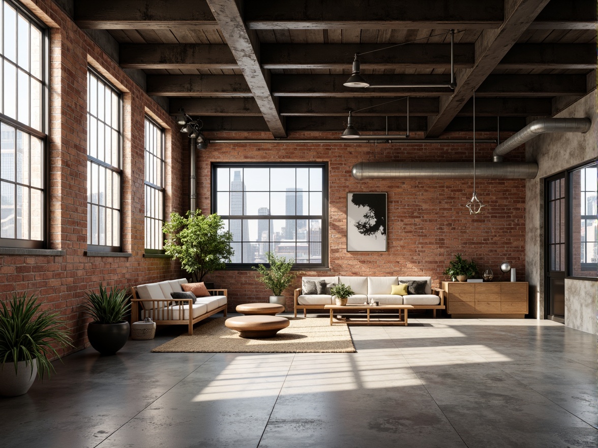 Prompt: Exposed brick walls, metal beams, reclaimed wood accents, industrial-style lighting fixtures, concrete floors, urban cityscape, converted warehouse, modern minimalist decor, functional simplicity, neutral color palette, distressed textures, edgy architectural lines, brutalist structures, functional spaces, open floor plans, natural ventilation systems, abundant natural light, high ceilings, urban loft atmosphere, gritty urban feel, dramatic shadows, low-key lighting, 3/4 composition, realistic materials, ambient occlusion.