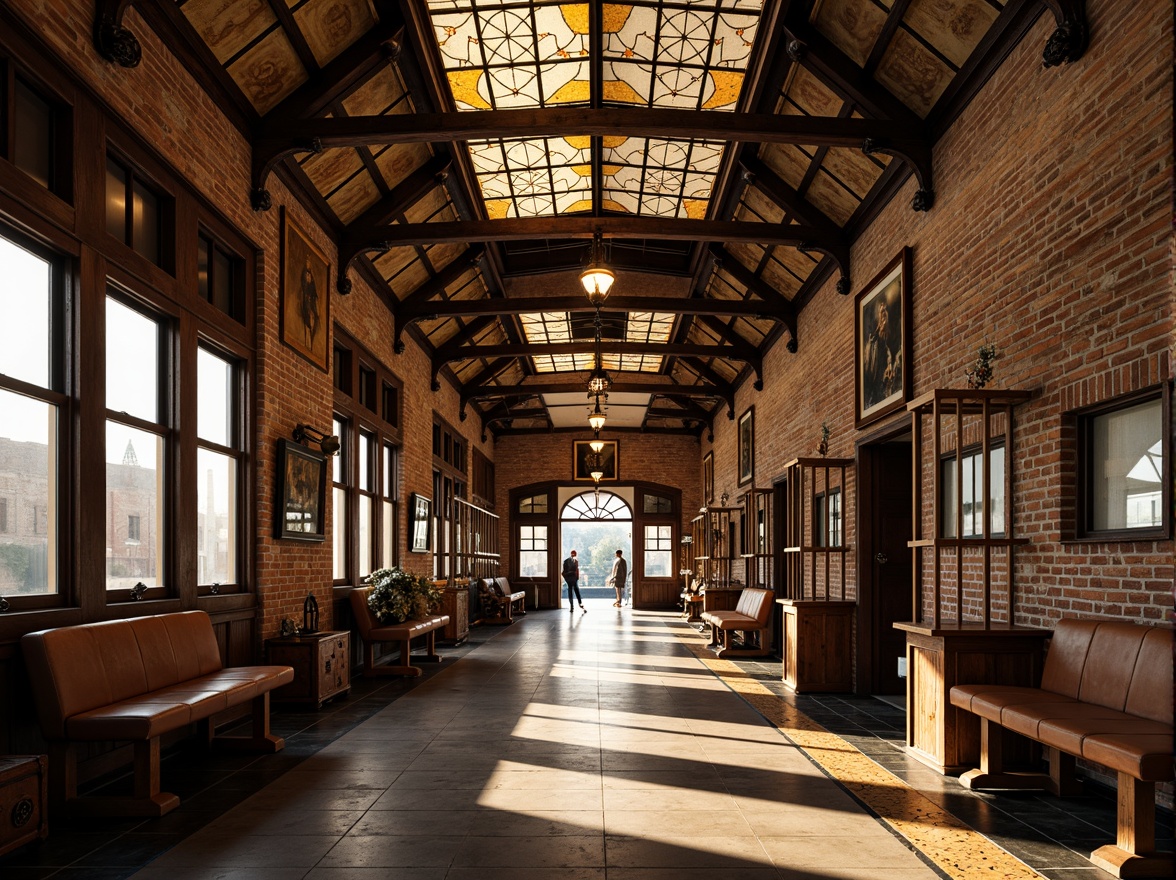 Prompt: Vintage train station, eclectic mix of materials, exposed brick walls, rusty metal beams, reclaimed wood accents, ornate ironwork, stained glass ceilings, intricate tile mosaics, distressed leather benches, antique luggage racks, industrial-style lighting fixtures, warm golden lighting, shallow depth of field, 1/1 composition, realistic textures, ambient occlusion.