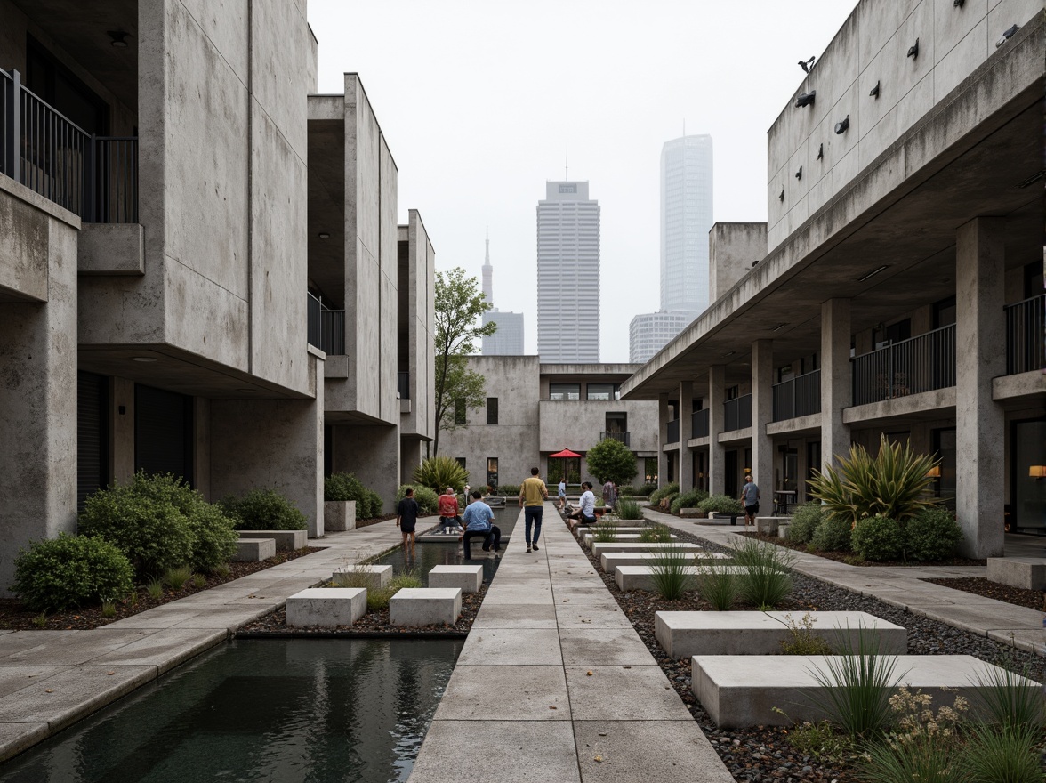 Prompt: Rugged brutalist architecture, industrial concrete walls, weathered steel beams, raw stone accents, minimalist water features, sparse greenery, drought-resistant plants, gravel pathways, angular benches, modern sculptures, abstract art installations, urban cityscape, overcast skies, dramatic shadows, high-contrast lighting, cinematic composition, gritty textures, atmospheric fog.