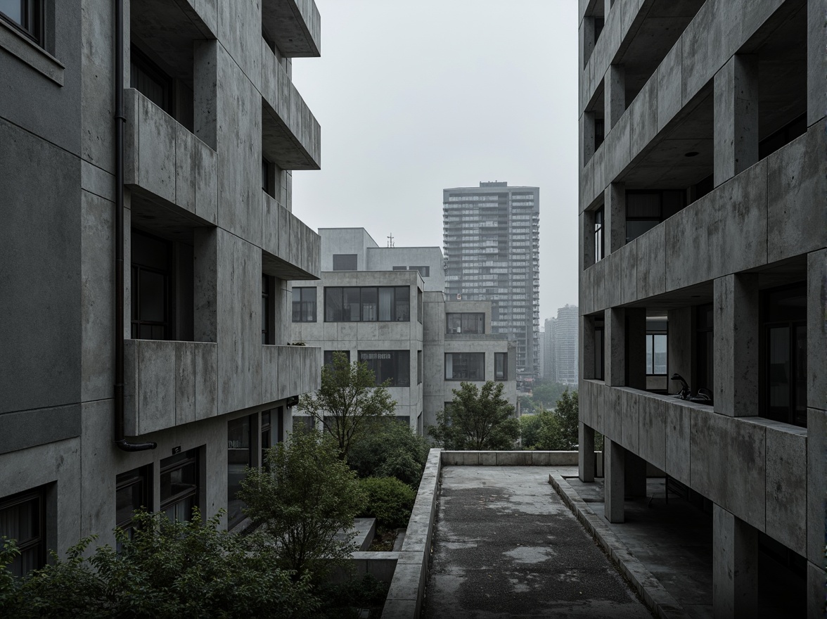 Prompt: Exposed concrete walls, rugged textures, industrial pipes, raw steel beams, minimalist balconies, brutalist architecture, urban cityscape, gloomy overcast sky, dramatic shadows, high-contrast lighting, bold geometric forms, functional simplicity, distressed finishes, poured-in-place concrete, cold monochromatic color palette, 1/1 composition, low-angle shot, cinematic atmosphere, gritty realistic textures.