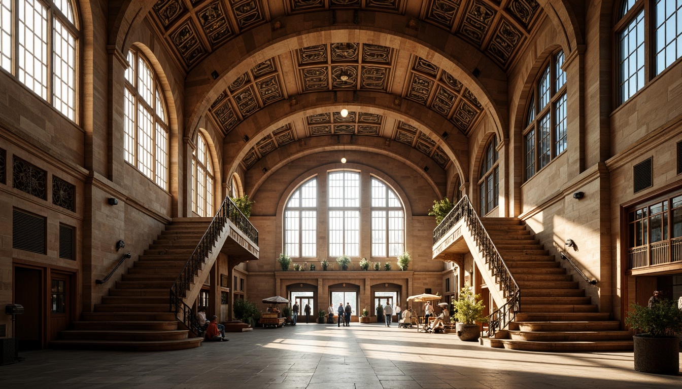 Prompt: Grand train station, Romanesque archways, ornate stone carvings, vaulted ceilings, large stained glass windows, intricate ironwork, rustic brick walls, majestic columns, grand staircases, ornamental railings, vintage luggage carts, old-fashioned clock towers, warm golden lighting, shallow depth of field, 1/1 composition, symmetrical framing, realistic textures, ambient occlusion.