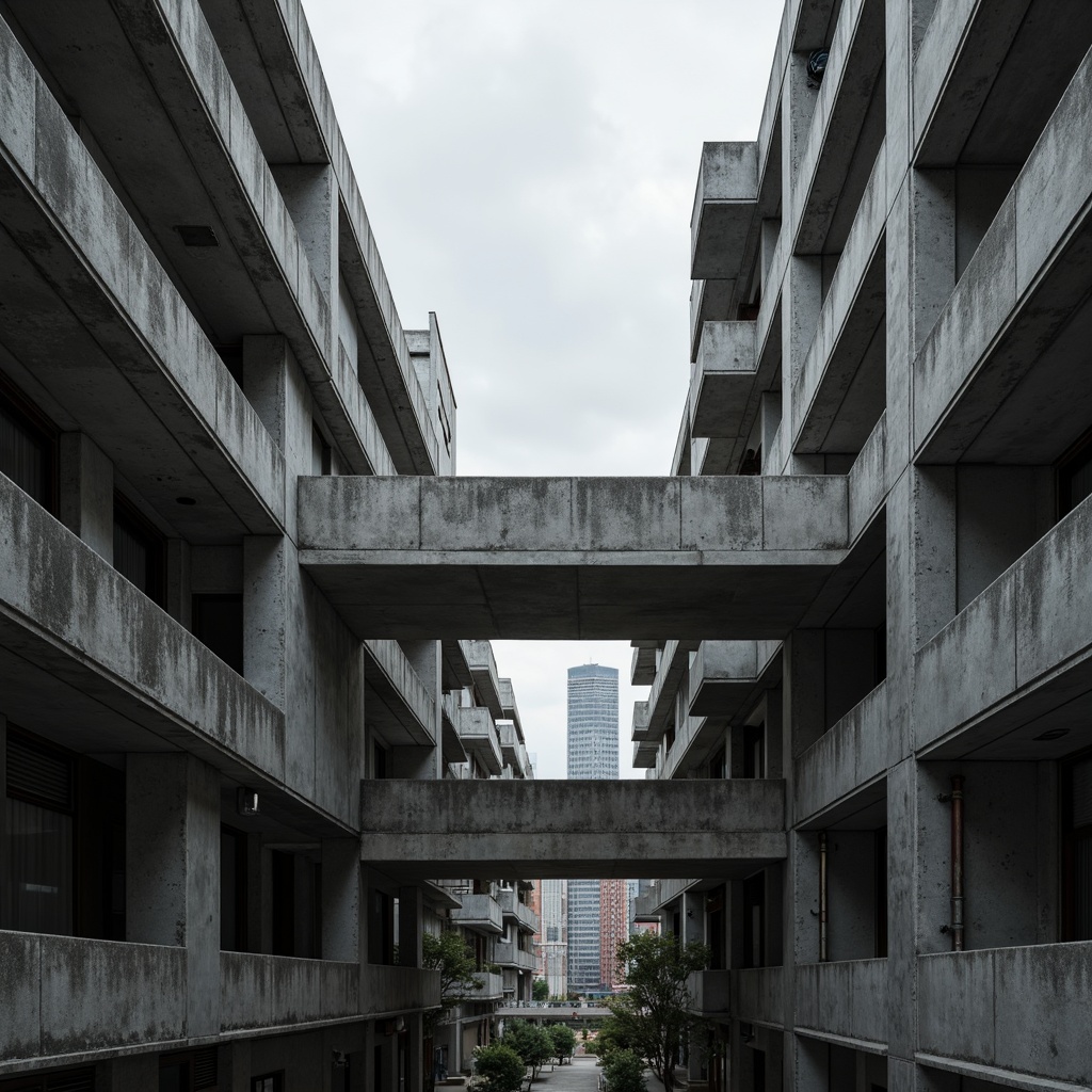 Prompt: Exposed concrete walls, rugged textures, industrial pipes, raw steel beams, minimalist balconies, brutalist architecture, urban cityscape, gloomy overcast sky, dramatic shadows, high-contrast lighting, bold geometric forms, functional simplicity, distressed finishes, poured-in-place concrete, cold monochromatic color palette, 1/1 composition, low-angle shot, cinematic atmosphere, gritty realistic textures.