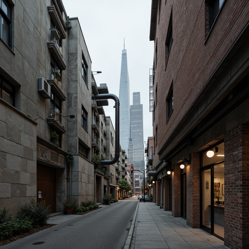 Prompt: Rough concrete walls, exposed ductwork, industrial metal beams, raw brick facades, brutalist fortress-like structures, rugged stone foundations, distressed wood accents, weathered steel surfaces, urban cityscape backdrop, overcast skies, dramatic shadows, high-contrast lighting, cinematic composition, gritty realistic textures, ambient occlusion.