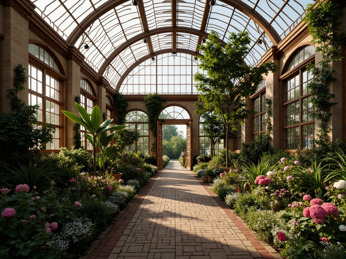 Prompt: Ornate greenhouse, lush tropical plants, exotic flowers, curved glass roofs, ornamental metal frames, natural stone walls, rustic wooden accents, vintage gardening tools, distressed brick pathways, soft warm lighting, shallow depth of field, 1/1 composition, realistic textures, ambient occlusion, innovative materials, recycled glass, low-carbon concrete, sustainable wood, eco-friendly insulation, energy-efficient systems, misting irrigation systems, romantic ambiance, serene atmosphere.