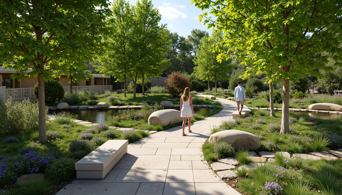 Prompt: Soothing healing garden, lush greenery, calming water features, serene walking paths, natural stone benches, vibrant flowers, gentle slopes, wheelchair-accessible ramps, sensory gardens, aromatic herbs, soft rustling leaves, warm sunny day, dappled shade, shallow depth of field, 1/1 composition, realistic textures, ambient occlusion, peaceful atmosphere.