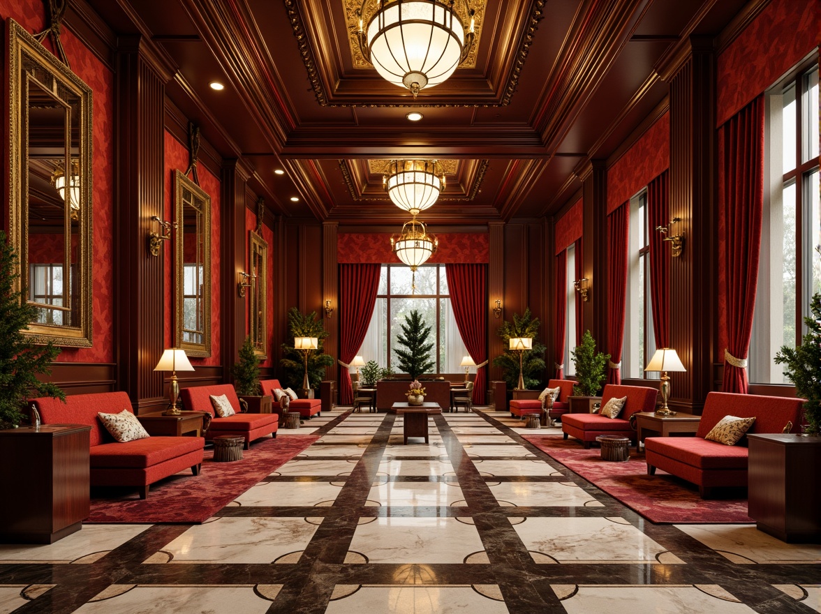 Prompt: Luxurious Art Deco interior, rich velvet fabrics, metallic accents, ornate mirrors, polished marble floors, geometric patterns, bold color schemes, opulent chandeliers, lavish furnishings, intricate moldings, glamorous metallic leafing, sophisticated ambient lighting, 3/4 composition, shallow depth of field, realistic textures, ambient occlusion.