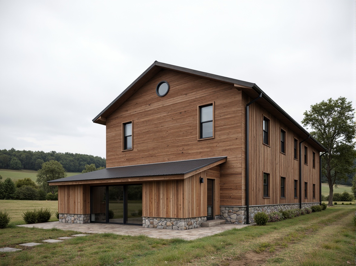 Prompt: Rustic barn, streamlined modern facade, horizontal wooden planks, corrugated metal roofing, industrial-style windows, sliding glass doors, natural stone foundation, minimalist ornamentation, earthy color palette, weathered wood accents, rural landscape, serene countryside, overcast sky, soft diffused lighting, shallow depth of field, 2/3 composition, symmetrical framing, realistic textures, ambient occlusion.