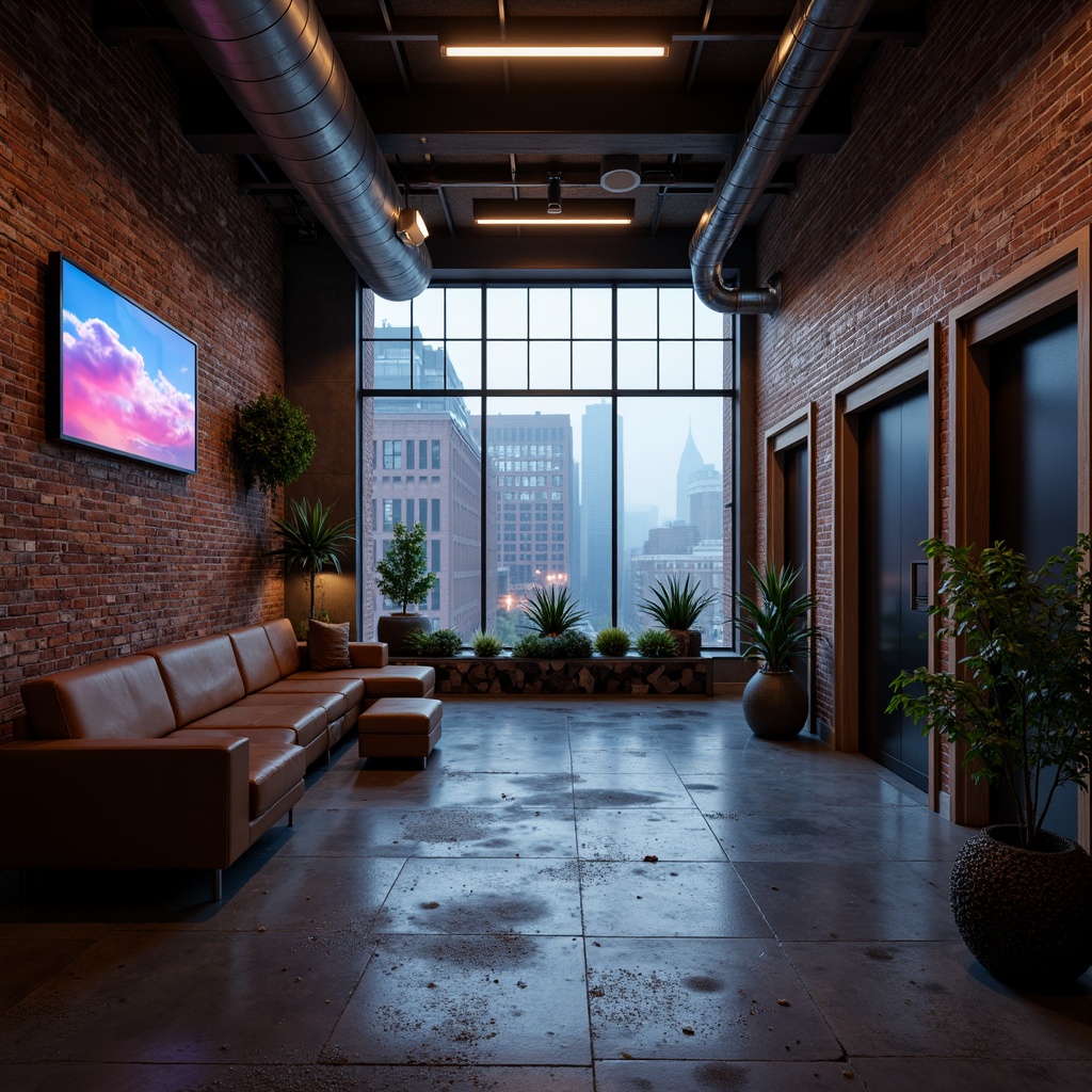 Prompt: Exposed brick walls, distressed concrete floors, metallic beams, industrial pipes, reclaimed wood accents, corrugated metal cladding, neon-lit signage, futuristic LED lighting, minimalist decor, urban cityscape views, foggy atmosphere, cinematic low-key lighting, shallow depth of field, 2/3 composition, realistic reflections, ambient occlusion.