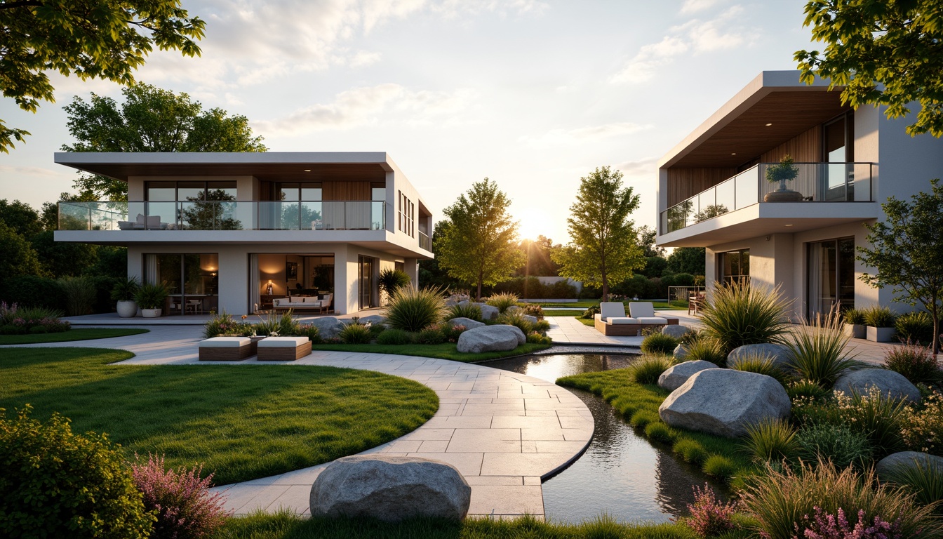 Prompt: Sleek modern villas, lush green lawns, vibrant flowerbeds, meandering stone pathways, tranquil water features, natural rock formations, wooden decks, outdoor seating areas, minimalist garden ornaments, ambient lighting, warm sunset glow, shallow depth of field, 1/1 composition, realistic textures, soft focus effect.