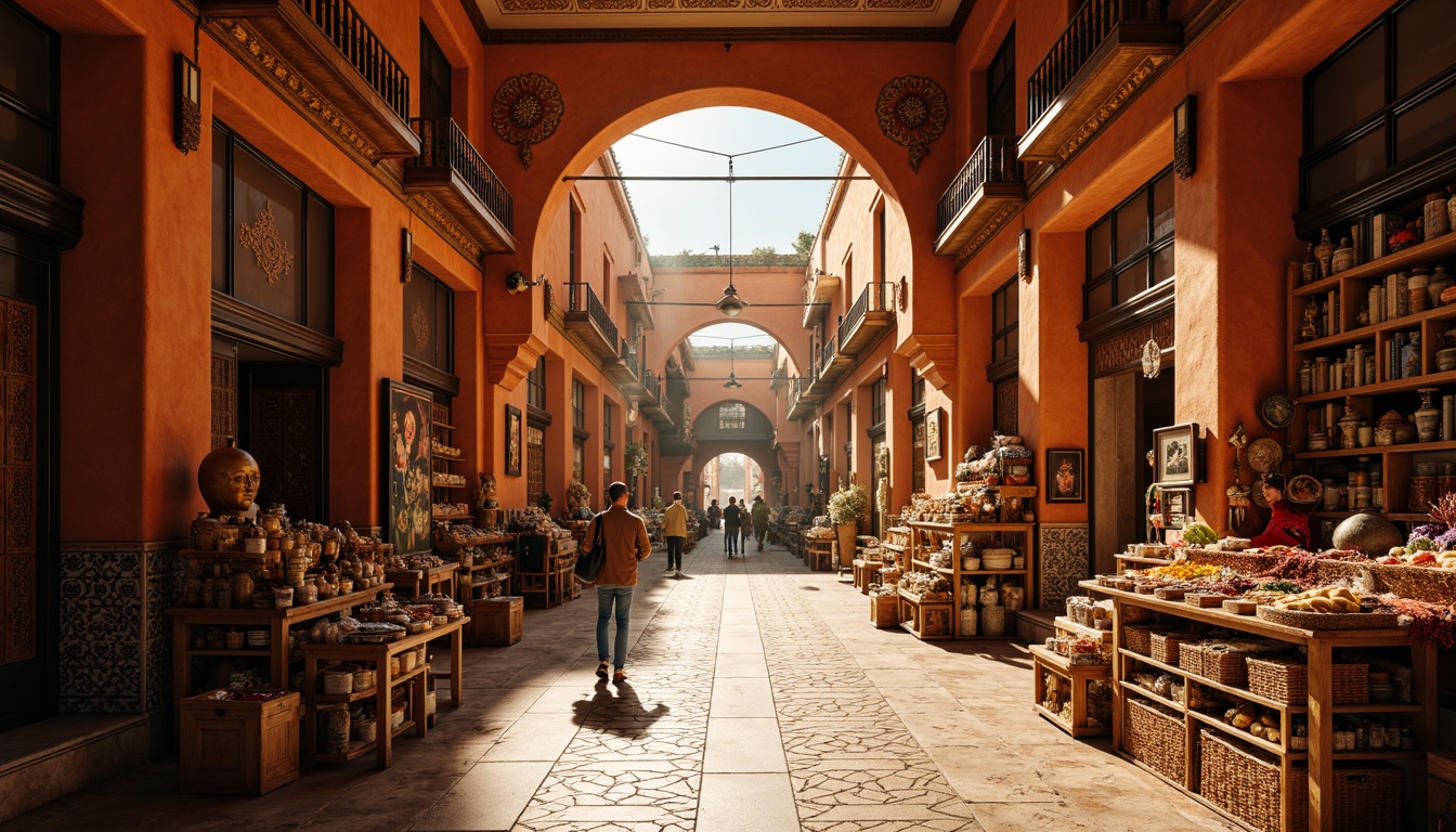 Prompt: Vibrant Moroccan souk, warm terracotta walls, intricately patterned tiles, ornate Islamic architecture, bustling marketplace atmosphere, richly colored fabrics, golden lighting, shallow depth of field, 3/4 composition, panoramic view, realistic textures, ambient occlusion.