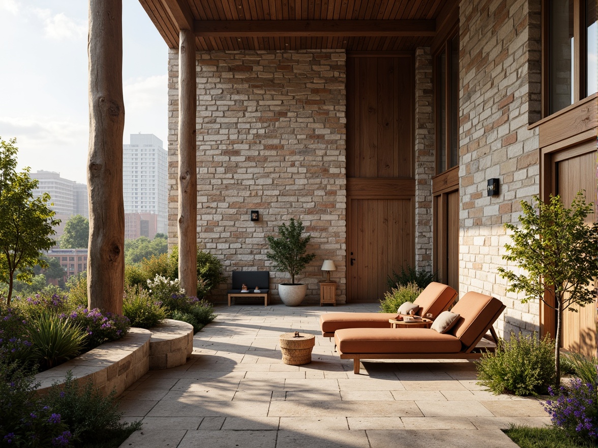 Prompt: Rough stone walls, rustic brick facades, wooden accents, natural wood grain, earthy tones, organic forms, irregular shapes, tactile experiences, 3D modeling, realistic renderings, ambient occlusion, soft warm lighting, shallow depth of field, 2/3 composition, modern architecture, sustainable design, eco-friendly materials, green roofs, living walls, urban landscapes, city skylines, industrial heritage, converted warehouses.