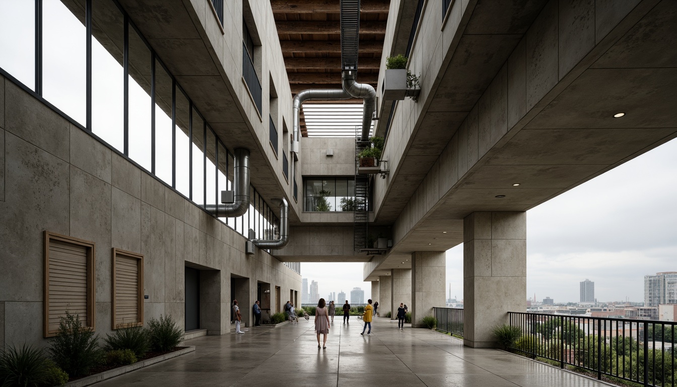 Prompt: Rugged community center, brutalist architecture, raw concrete walls, exposed ductwork, industrial metal beams, natural light pouring in, large skylights, clerestory windows, urban landscape views, gritty cityscape, overcast sky, soft diffused lighting, high contrast shadows, dramatic architectural angles, bold structural elements, minimalist interior design, functional simplicity, communal gathering spaces, reclaimed wood accents, earthy color palette, organic textures, 3/4 composition, cinematic framing, realistic render.