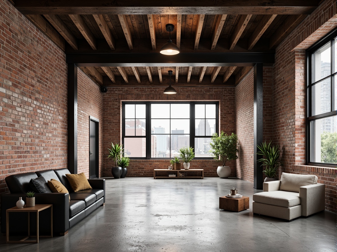 Prompt: Exposed brick walls, metal beams, reclaimed wood accents, industrial-style lighting fixtures, concrete floors, urban cityscape, converted warehouse, modern minimalist decor, functional simplicity, neutral color palette, distressed textures, edgy architectural lines, brutalist structures, functional spaces, open floor plans, natural ventilation systems, abundant natural light, high ceilings, urban loft atmosphere, gritty urban feel, dramatic shadows, low-key lighting, 3/4 composition, realistic materials, ambient occlusion.