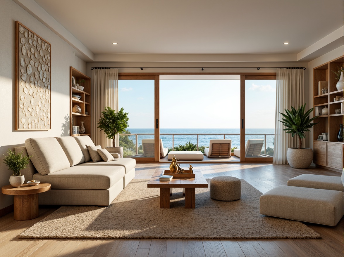 Prompt: Coastal living room, ocean-inspired color palette, driftwood accents, natural textiles, woven sea grass furniture, coral-patterned rugs, shell-adorned decorative walls, floor-to-ceiling windows, sliding glass doors, panoramic ocean views, soft warm lighting, beachy ambiance, minimalist decor, nautical-themed accessories, distressed wood flooring, plush sectional sofas, built-in shelving units, tropical plants, calming atmosphere, 1/1 composition, realistic reflections, ambient occlusion.