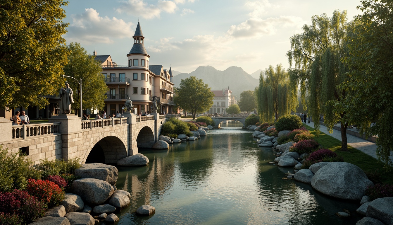 Prompt: Rustic stone bridges, ornate balustrades, lush greenery, vibrant flowers, meandering waterways, serene lakes, majestic willow trees, natural rock formations, weathered wooden docks, charming pedestrian paths, soft warm lighting, shallow depth of field, 3/4 composition, panoramic view, realistic textures, ambient occlusion, tranquil atmosphere, gentle water ripples, subtle mist effects.