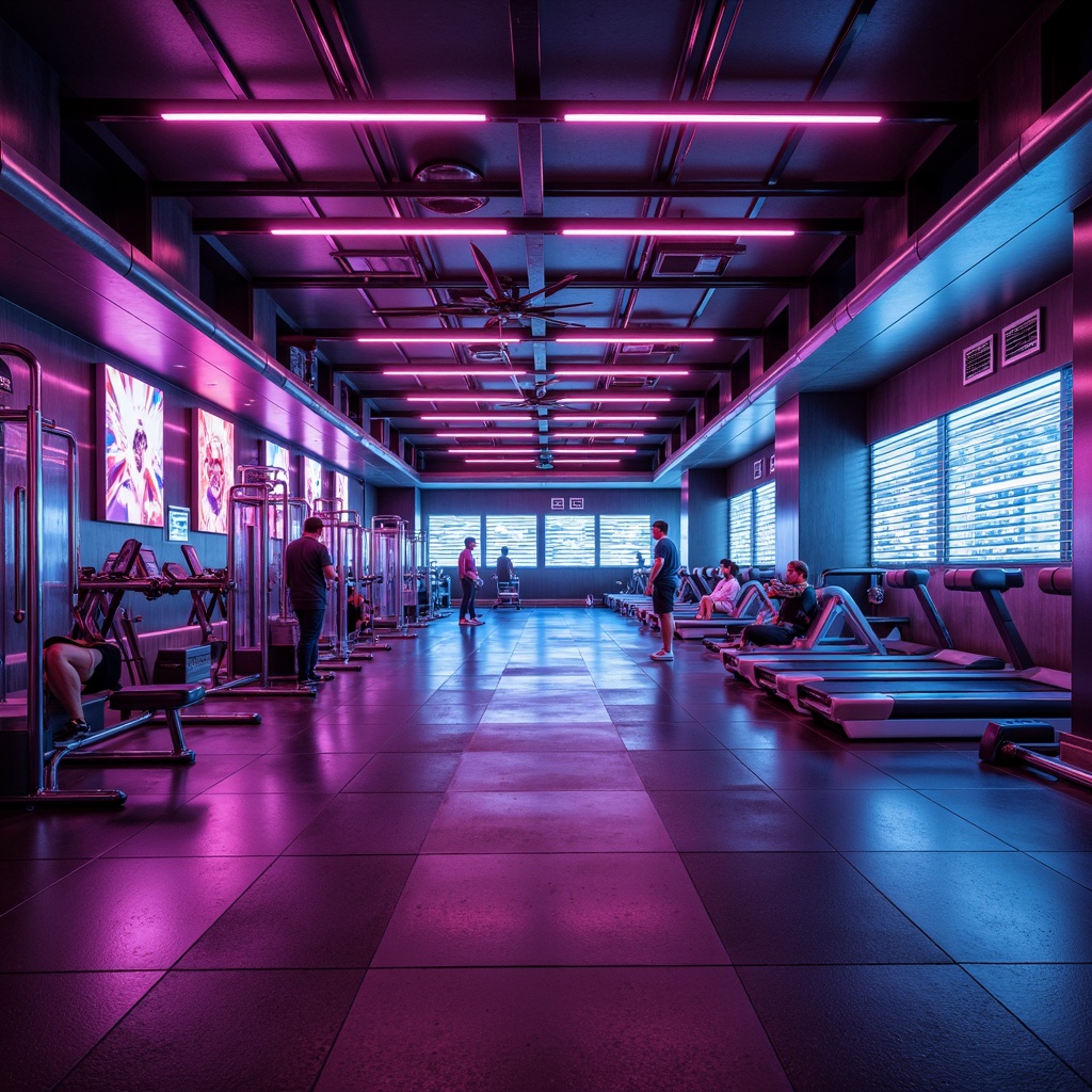 Prompt: Neon-lit fitness club, metallic surfaces, glossy floors, LED light installations, futuristic equipment, sleek machines, high-tech gadgets, virtual reality zones, holographic displays, iridescent color schemes, mirror-finish accents, polished chrome details, rubberized flooring, athletic tracks, minimalist decor, ambient lighting, shallow depth of field, 1/1 composition, cinematic view, realistic reflections, advanced materials, innovative textiles.