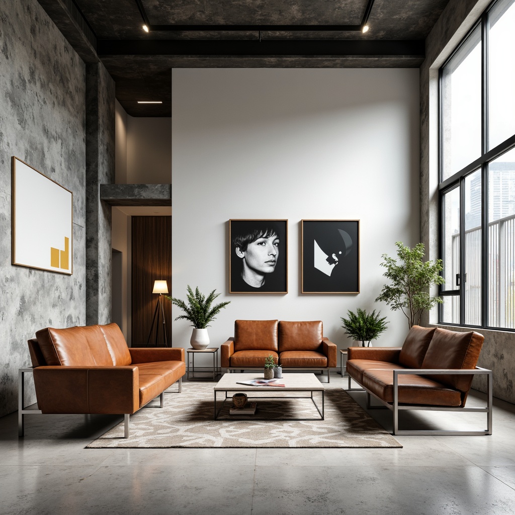 Prompt: Minimalist interior, functional furniture, industrial materials, steel frames, leather upholstery, geometric shapes, primary color palette, natural light, open floor plan, modular design, clean lines, simplicity emphasis, decorative minimalism, modernist aesthetic, urban loft atmosphere, concrete floors, metal accents, bold typography, graphic patterns, abstract artwork, functional decor, 1/1 composition, high contrast lighting, shallow depth of field.