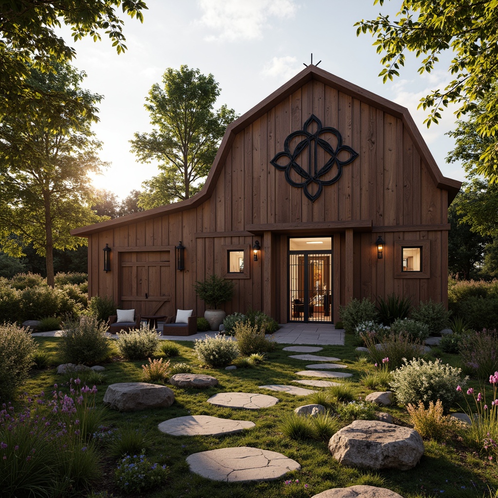 Prompt: Rustic barn-style home, Art Deco accents, vintage metal decorations, lush greenery, blooming wildflowers, meandering stone pathways, distressed wood fences, ornate metal gates, lantern-style outdoor lighting, warm golden sunsets, soft focus photography, 1/2 composition, natural textures, ambient occlusion.Please let me know if this meets your requirements!