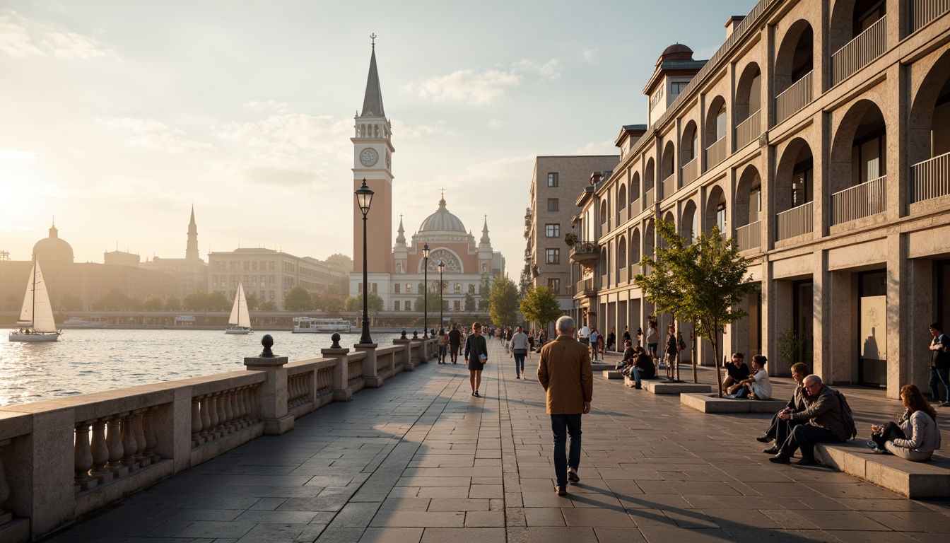 Prompt: Riverfront promenade, ornate balustrades, grandiose columns, symmetrical facades, classical arches, elegant cornices, limestone buildings, majestic clock towers, tranquil water reflections, sailboats, seagulls, misty morning atmosphere, warm golden lighting, shallow depth of field, 1/2 composition, panoramic view, realistic textures, ambient occlusion.