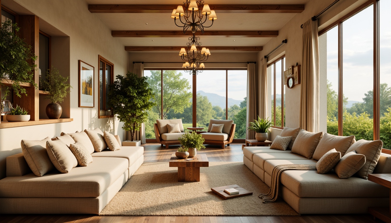 Prompt: Cozy living room, plush sofas, warm beige walls, rich wood flooring, soft golden lighting, comfortable throw pillows, modern minimalist decor, large windows, natural daylight, lush greenery views, elegant chandeliers, sophisticated color palette, calming atmosphere, shallow depth of field, 1/1 composition, realistic textures, ambient occlusion.