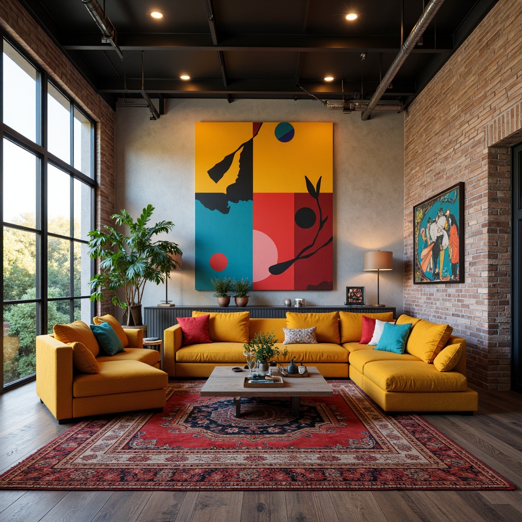 Prompt: Vibrant artistic studio, eclectic furniture, bold color blocking, contrasting textures, abstract artwork, statement lighting fixtures, industrial metal accents, reclaimed wood floors, bohemian-inspired rugs, natural stone walls, oversized windows, soft warm glow, shallow depth of field, 1/1 composition, realistic renderings, ambient occlusion.