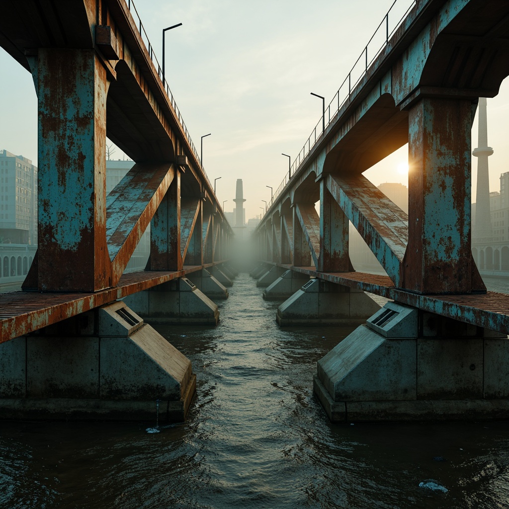 Prompt: Rustic steel bridges, industrial-era aesthetic, weathered metal textures, warm earthy tones, muted blue-grey hues, rich brown wood accents, natural stone foundations, misty atmospheric effects, soft golden lighting, shallow depth of field, 2/3 composition, cinematic view, realistic reflections, ambient occlusion.